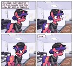 4_panel_comic all_fours black_cap black_clothing black_hat black_headwear black_shirt black_topwear blush clothing cutie_mark disappointed exclamation_point eyelashes female hair hat headgear headwear horn inside pink_body purple_eyes purple_hair purple_tail shirt snout solo standing surprised_expression tail text topwear plunger_(artist) hasbro mcdonald's my_little_pony mythology fan_character equid equine mammal mythological_creature mythological_equine unicorn 2023 comic english_text