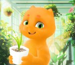 anthro domestic_cat eyebrows fairycatcreation felid feline felis flower flower_pot fur furniture garden green_eyes greenhouse happy hi_res holding_object lights looking_at_viewer male mammal orange_body orange_fur pio_fairy_cat plant rain_lily red_cheeks red_eyebrows rose_(flower) smile solo tree vivarium window yellow_chest