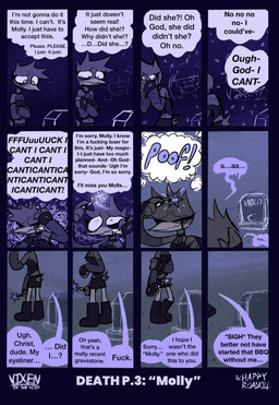 alternative_fashion anthro anti_depressants armwear black_body black_boots black_bottomwear black_clothing black_fingerless_gloves black_footwear black_fur black_gloves black_handwear black_skirt bodily_fluids boots bottomwear cemetery clothed clothed_anthro clothed_female clothing color_coded color_coded_speech_bubble color_coded_thought_bubble crying dialogue female fingerless_gloves fishnet_armwear fishnet_clothing fishnet_legwear footwear fully_clothed fully_clothed_anthro fully_clothed_female fur gloves goth grief handwear implied_suicide legwear magic_user magic_wand makeup mascara memory_erase memory_erasure memory_loss navel navel_piercing panic_attack panicking piercing profanity running_makeup running_mascara sad shoes skirt solo speech_bubble suicidal_ideation tears text thought thought_bubble thoughts tombstone trad_goth witch witchcraft happyroadkill vixen_"fuck-alliteration"_raven avian bird corvid corvus_(genus) oscine passerine raven 2026 absurd_res comic english_text hi_res multiple_scenes trans_(lore) trans_woman_(lore)