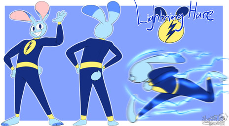 anthro blue_background blue_body blue_eyes buckteeth electricity electricity_manipulation elemental_manipulation lightning lightning_bolt looking_at_viewer male running simple_background smile smiling_at_viewer solo superhero teeth masterj291 lightning_hare lagomorph leporid mammal rabbit 2025 digital_media_(artwork) hi_res model_sheet