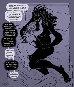 anthro bed big_breasts black_body black_fur breast_grab breasts butt claws dialogue duo female female/female freckled_breasts freckled_chest freckled_face freckled_hips freckled_shoulders freckles fur furniture hair hand_on_breast human_on_anthro interspecies long_claws looking_down looking_up lying nipples nude on_back on_bed smile text keffotin twipie cryptid human mammal monster 2025 digital_media_(artwork) english_text hi_res