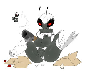 annoyed antennae_(anatomy) anthro black_body breasts clothing destroyed_clothing exposed female genitals grey_body gun machine navel nipples non-mammal_breasts non-mammal_navel non-mammal_nipples ranged_weapon red_eyes simple_background slightly_chubby small_breasts smoke solo vulva wardrobe_malfunction weapon white_background fluffolio rimworld bellicor_(rimworld) arthropod mechanoid robot robot_anthro reference_image