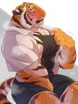 anthro blush bodily_fluids bottomwear clothed clothing countershading fur male muscular muscular_anthro muscular_male nipples shirt shorts solo stripes sweat tank_top topwear unbuttoned giraffe_(artist) lam-chan felid mammal pantherine tiger hi_res