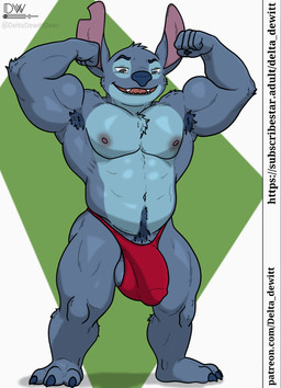 3_toes 5_fingers anthro anthrofied armpit_hair balls blue_body blue_claws blue_fur body_hair bulge claws clothing detailed_bulge feet fingers fur genital_outline genitals looking_at_viewer male muscular muscular_male nipples non-mammal_nipples notched_ear open_mouth pecs penis_outline pubes simple_background smile solo thong toe_claws toes tuft underwear delta_dewitt disney lilo_and_stitch stitch_(lilo_and_stitch) alien experiment_(lilo_and_stitch) digital_media_(artwork) hi_res