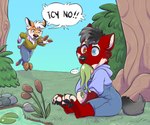 anthro arms_outstretched baby black_hair black_tail blue_eyes cheek_tuft clothing desperation duo facial_tuft feet female fingers forest forest_background fur hair heterochromia hindpaw hooved_fingers hooves male mouth_full multicolored_body multicolored_fur nature nature_background orange_body orange_fur overalls paws plant pound red_body red_eyes red_fur running screaming sitting stretched surprise tail tree tuft two_tone_body two_tone_fur white_body white_fur wide_eyed young coconutcubbie ice(paddedwulfy) amphibian canid canine canis deer frog mammal wolf