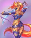 anthro blonde_hair blue_eyes bottomwear breasts brown_markings brown_nose clothed clothing dual_wielding female hair holding_melee_weapon holding_object holding_sword holding_weapon inner_ear_fluff legwear looking_at_viewer looking_back looking_back_at_viewer markings medium_breasts melee_weapon multicolored_hair panties pattern_bottomwear pattern_clothing pattern_legwear pattern_thigh_highs pattern_topwear purple_background purple_clothing purple_legwear purple_panties purple_thigh_highs purple_topwear purple_underwear rear_view red_hair red_tail simple_background smile solo standing sword tail tan_body tan_inner_ear_fluff teeth thick_thighs thigh_gap thigh_highs topwear tuft two_tone_hair two_tone_tail underwear weapon yellow_tail prisma6 domestic_cat felid feline felis mammal digital_drawing_(artwork) digital_media_(artwork) hi_res