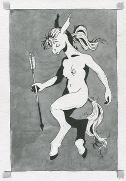 anthro breasts ears_back female holding_arrow hooves lying nude nude_anthro pivoted_ears simple_background solo tail unguligrade adeptus-monitus equid equine horse mammal pony greyscale monochrome traditional_media_(artwork)