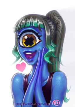1_eye blue_body blue_skin clothing female green_hair hair heart_symbol long_hair looking_at_viewer not_furry open_mouth open_smile ponytail shirt simple_background smile solo tank_top tentacles text topwear white_background yellow_eyes dekonsfw effi_(deko06) cyclops humanoid 2016 half-length_portrait portrait url