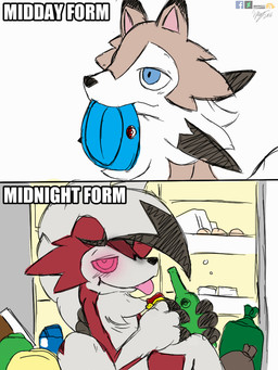 alcohol ambiguous_gender anthro appliance beverage black_claws bottle bowl claws container drunk eating egg feral food fridge fur glowing glowing_eyes holding_bottle holding_container holding_food holding_object humor kitchen_appliance mouth_hold multicolored_body multicolored_fur pet_bowl solo substance_intoxication text tongue tongue_out winick-lim nintendo pokemon canid canine generation_7_pokemon lycanroc mammal midday_lycanroc midnight_lycanroc pokemon_(species) 2016 colored_sketch comic digital_media_(artwork) english_text signature sketch