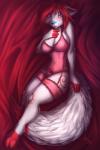 accessory anthro bangs basque blue_eyes blue_nose blush breasts cleavage clothed clothing female fluffy fluffy_tail fur garter garter_straps hair lace lingerie looking_at_viewer markings pose red_body red_fur red_hair red_markings shy simple_background solo tail white_body white_fur fuf elocin canid canine fox mammal 2016 2:3 hi_res pinup signature