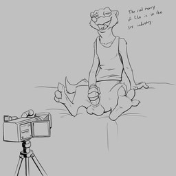 3_toes anthro balls bottomless camera claws clothed clothing dialogue erection feet genitals male masturbation penile penile_masturbation penis recording simple_background solo spread_legs spreading text toe_claws toes skunkjunkie disney zootopia duke_weaselton mammal mustelid musteline true_musteline weasel 2016 black_and_white english_text hi_res monochrome
