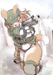 anthro armor bikini clothing electronics female fingerless_gloves gloves gun handgun handwear hat headgear headphones headwear knee_pads pistol ranged_weapon shirt solo swimwear thick_thighs topwear two-piece_swimsuit unconvincing_armor weapon wide_hips yazawaowl canid canine fox mammal hi_res