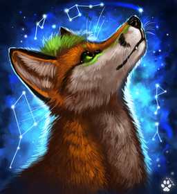 ambiguous_gender canid canine feral flashw fox fur green_eyes green_hair hair mammal orange_body orange_fur smile solo whiskers white_body white_fur