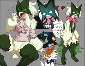 anthro breasts claws clothing computer duo electronics female female_anthro fur gaming genitals green_body green_fur laptop mask medium_breasts open_mouth playing_video_game pokeball shirt simple_background solo_focus spread_legs spreading t-shirt tired topwear vulva white_body white_fur yawn flowerpigeon73 nintendo pokemon slay_the_spire slay_the_spire_2 cinderace felid feline generation_8_pokemon generation_9_pokemon lagomorph mammal meowscarada pokemon_(species) absurd_res hi_res