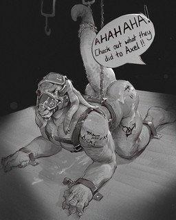 after_rape after_sex all_fours angry anthro ass_up barefoot bdsm black_background bodily_fluids body_writing bondage bondage_gear bound chain chained cuff_(restraint) cum cum_on_body cum_on_face degradation dialogue fantasy feet gag genital_fluids harness humiliation male male_anthro muscular muscular_anthro muscular_male muscular_sub muzzle_(object) nude public_use raised_tail restrained restraints shackles simple_background solo speech_bubble submissive submissive_male tail tail_bondage tail_tied tally_marks text western_tally_marks writing_on_butt darkgem final_fantasy final_fantasy_xii square_enix bangaa scalie english_text greyscale monochrome