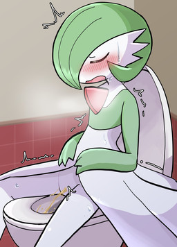 ambiguous_gender bathroom bathroom_tiles bathroom_wall blush blush_lines bodily_fluids bottomless clothed clothing dress embarrassed enjoying_the_go eyes_closed flat_chested genital_fluids gown green_hair hair hair_over_eye hands_on_waist horn inside no_underwear null on_toilet open_mouth pee_desperation peeing peeing_into_toilet potty_time public_restroom sat_on shaking sitting sitting_on_toilet skinny slim small_waist solo splash spread_legs spreading steam sweat sweatdrop toilet toilet_bowl toilet_lid toilet_seat toilet_use trembling urine urine_stream watersports white_body milklemon5127 nintendo pokemon gardevoir generation_3_pokemon humanoid pokemon_(species) hi_res