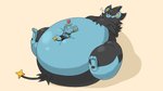 ambiguous_gender belly big_belly black_body black_fur blue_body blue_fur duo feral fur heart_symbol huge_belly huge_thighs hyper hyper_belly lying obese on_back overweight quadruped simple_background size_difference standing stuffing thick_thighs weight_gain pukupukudragon nintendo pokemon generation_4_pokemon luxray pokemon_(species) shinx 16:9 widescreen