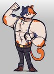 abs anthro biceps bottomwear clothing denim denim_bottomwear denim_clothing flexing footwear grey_background jeans looking_at_viewer male mottled muscular muscular_anthro muscular_male navel pants pecs piebald shoes simple_background solo spots standing suspenders scraffyraccoon epic_games fortnite meowscles calico_cat domestic_cat felid feline felis mammal 2020 hi_res