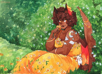 afro arm_markings back_wings bare_shoulders bat_ears bat_wings belt_accessory big_breasts blush bracelet breast_squish breasts brown_body brown_hair brown_lips brown_skin brown_wings claws cleavage closed_smile clothed clothing cloud_(marking) collarbone cute_fangs daisy_(flower) dandelion dress eyebrow_through_hair eyebrows fangs female field floral_print flower furgonomics gold_(metal) gold_bracelet gold_jewelry gold_ring grass hair holding_flower holding_object jewelry lips long_dress markings membrane_(anatomy) membranous_wings moon_(marking) mouth_closed nature nature_background not_furry one_fang orange_eyes orange_inner_ear orange_wings plant rabbit_plushie raised_eyebrow short_hair shrub smelling_flower smile solo squish star_(marking) star_accessory teeth text translucent translucent_hair white_flower white_markings wing_accessory wing_claws wing_ring wings yellow_flower zuccnini stella_(zuccnini) animal_humanoid bat bat_humanoid humanoid mammal mammal_humanoid 2025 artist_name colorful_theme painting_(artwork) portrait shaded soft_shading watercolor_(artwork)