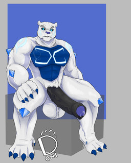 anthro anus armor ball_tuft balls big_penis bodily_fluids crystal dark_sclera energy fur genital_fluids genitals glowing glowing_eyes glowing_markings huge_penis humanoid_genitalia humanoid_penis long_penis looking_at_viewer loose_foreskin male markings muscular penis precum precum_string presenting presenting_anus pubes sitting spreading tuft white_body white_fur donisette monsuno_(franchise) lock_(monsuno) bear hybrid mammal monsuno polar_bear ursine absurd_res hi_res