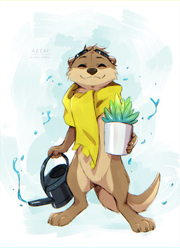 ambiguous_gender anthro cactus elemental_manipulation eyewear goggles plant scarf smile solo standing succulent water_manipulation watering_can azzai lee_(tamerlee) mammal mustelid otter hi_res