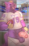 american_football anthro ball bottomwear bottomwear_down clothed clothing dialogue erection fingerless_gloves football_field football_jersey football_player foreskin fur genitals gloves gridiron_ball handwear holding_ball holding_object humanoid_genitalia humanoid_penis inviting jersey male outside pants pants_down partially_clothed penis purple_body purple_fur solo sport sportswear text thick_penis baileyx minnesota_vikings nfl canid canine mammal absurd_res english_text hi_res