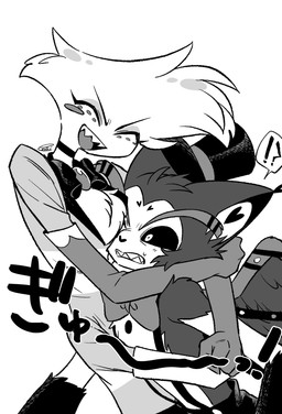anthro clothed clothing duo eyes_closed hat headgear headwear hug interrobang male text enaic31 hazbin_hotel hellaverse angel_dust husk_(hazbin_hotel) arachnid arthropod demon domestic_cat felid feline felis mammal spider absurd_res hi_res japanese_text monochrome
