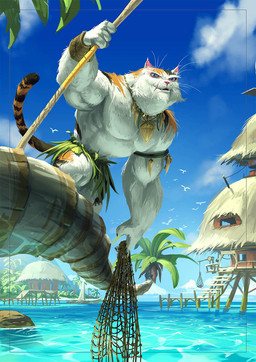anthro clothed clothing cloud day detailed_background fur holding_net holding_object holding_staff male muscular muscular_male outside palm_tree plant rock smile solo staff tail topless topless_male tree water whiskers white_body white_fur paul_mafayon chawai domestic_cat felid feline felis mammal digital_media_(artwork) hi_res