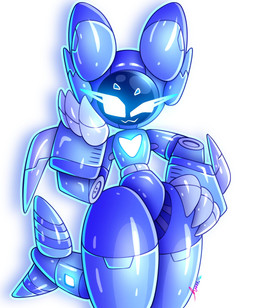 anthro blue_body blue_eyes female glowing glowing_blue glowing_eyes heart_symbol looking_at_viewer machine screen screen_face shark_tail simple_background thick_thighs wide_hips ytwist3d aquatic fish robot robot_anthro shark hi_res