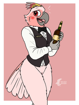 anthro bartender blush bottle bottomless bottomless_female bow_tie breasts clothed clothing collared_shirt container dress_shirt feathered_crest feathers female genitals head_crest name_tag non-mammal_breasts pink_background pink_body pink_feathers pose red_eyes shirt shy simple_background solo tail thick_thighs topwear uniform vest vulva waiter waitress_uniform wine_bottle fish_birb jenny_(fish_birb) avian bird cockatoo major_mitchell's_cockatoo parrot 2025 digital_media_(artwork) hi_res pinup watermark