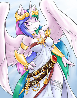 3_fingers alternate_costume alternate_form alternate_hairstyle anthro anthrofied armband armor bangle belt big_breasts biped blue_hair blue_tail blush bracelet breasts brown_clothing brown_dress choker cleavage clothed clothing cloud cosplay curvy_figure day dress eyebrows eyelashes eyeliner feathered_wings feathers female fingers fluffy fluffy_tail front_view fully_clothed fur gem glistening glistening_armor glistening_body glistening_eyes glistening_fur glistening_hair glistening_jewelry glistening_tail gold_(metal) gold_armor gold_choker gold_jewelry gold_necklace green_hair green_tail hair half-closed_eyes hand_on_hip horn hourglass_figure jewelry legwear light long_hair long_tail looking_aside looking_at_viewer makeup mascara multicolored_clothing multicolored_dress multicolored_hair multicolored_tail narrowed_eyes necklace outside pink_eyes pointy_ears pose prick_ears princess purple_eyes purple_hair royalty ruby_(gem) shadow skimpy sky small_waist smile snout solo spread_wings standing stockings sunlight tail unconvincing_armor unicorn_horn white_body white_clothing white_dress white_feathers white_fur white_horn white_legwear white_stockings white_wings wide_hipped_anthro wide_hipped_female wide_hips wings ambris friendship_is_magic hasbro kid_icarus my_little_pony mythology nintendo palutena princess_celestia_(mlp) equid equine mammal mythological_creature mythological_equine winged_unicorn 2016 absurd_res crossover hi_res pinup portrait signature three-quarter_portrait