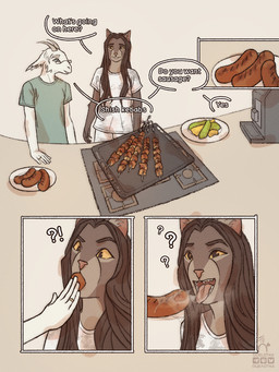 anthro blue_eyes bodily_fluids brown_body brown_fur brown_hair cheek_tuft clothing dialogue drooling duo eyewear facial_tuft female food fur furniture glasses gold_ring green_clothing hair horn in_mouth inner_ear_fluff inside kebab kitchen long_hair male meat multicolored_body multicolored_fur open_mouth orange_eyes plant plate ring saliva sausage shirt speech_bubble steam t-shirt table tongue tongue_out topwear tuft two_tone_body two_tone_fur vegetable wearing_glasses white_body white_clothing white_fur ocelotka microsoft the_elder_scrolls mage_(ocelotka) ocelotka_(ocelotka) bovid caprine felid feline goat khajiit mammal comic digital_media_(artwork)