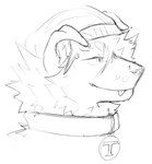 anthro beanie clothing collar ears_down hat headgear headwear looking_aside male medallion pivoted_ears smile solo terryskaii_(artist) terry_skai hi_res monochrome sketch