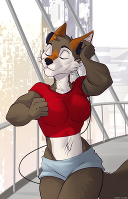 anthro athletic_wear belly bottomwear bridge building city city_background cityscape clothing electronics exercise female gym_bottomwear gym_shorts headphones jogging jogging_outfit music navel running scar shorts skyscraper solo allatir legend_of_ahya fan_character murana_wolford_(darkflame-wolf) canid canine canis mammal wolf 9:14 absurd_res hi_res