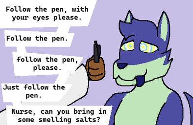 ambiguous_gender anthro blue_body blue_fur clothing coat cross-eyed doctor doctor's_office duo fur green_body green_fur holding_object hypnosis hypnotized_eyes lab_coat male mind_control oblivious offscreen_character pen_(object) ringed_eyes simple_background smile text tongue tongue_out topwear meow-moment_(artist) dr._yiphman canid canine mammal english_text