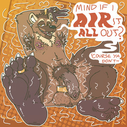 accessory anthro areola armpit_hair ball_stretcher ball_tuft balls balls_on_ground barbell_piercing big_balls big_penis body_hair bracelet brown_body brown_fur claws digit_ring ear_piercing feet foot_focus foreskin fur genitals glans hairy_balls happy_trail humanoid_feet humanoid_genitalia humanoid_penis inner_ear_fluff jewelry jewelry_only looking_at_viewer male markings musk musky_armpit musky_balls musky_feet musky_penis nipple_dip nipple_piercing nipples nude penis piercing plantigrade pubes ring saggy_balls sitting sitting_on_ground smelly smile smiling_at_viewer smirk smirking_at_viewer soles solo speech_bubble spread_legs spreading tail toe_ring toes tuft unretracted_foreskin vein veiny_penis white_claws naudiz_(artist) flake_(flakewave) 1:1 2025