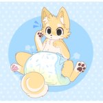 ambiguous_gender arm_tuft blush blush_lines bodily_fluids brown_nose brown_pawpads cheek_tuft chest_tuft clothed clothing curled_tail diaper diaper_only dotted_background ear_tuft exclamation_point facial_tuft feral front_view fur genital_fluids head_tuft looking_at_viewer pattern_background pawpads pawprint_diaper pawprint_print pink_pawpads shoulder_tuft simple_background solo spread_legs spreading tail topless tuft unclean_diaper urine used_diaper wearing_diaper wet_diaper yellow_body yellow_fur jupiters tiggy_(orym) canid canine canis domestic_dog mammal shiba_inu spitz 2025 hi_res letterbox