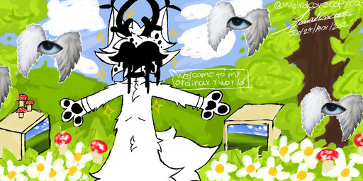 anthro antlers collar computer drawing_on_window dreamcore electronics faceless flower fungus grass horn liminal_spaces male mushroom paws plant scut_tail short_tail solo speech_bubble tail text tree weirdcore white_body voidlyvessel bliss_(image) microsoft microsoft_windows windows_xp voidly_(voidlyvessel) deer mammal hi_res