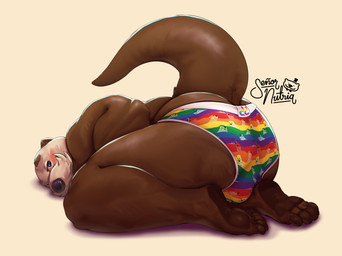 anthro blush briefs briefs_only brown_body brown_eyes bulge butt clothed clothing male mature_male multicolored_clothing multicolored_underwear overweight overweight_anthro overweight_male pattern_clothing pattern_underwear presenting presenting_hindquarters rainbow_clothing rainbow_underwear raised_tail rear_view solo tail text topless underwear underwear_only senor_nutria do_you_find_men_with_big_butts_attractive rudderbutts xavier_(rudderbutts) mammal mustelid otter sea_otter 2026 digital_media_(artwork) english_text hi_res