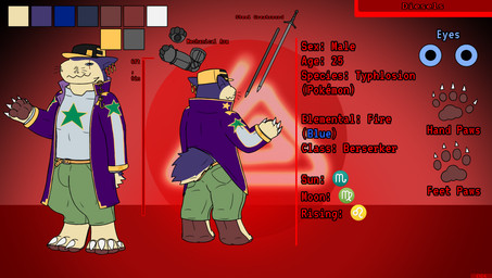 anthro baseball_cap belt blue_eyes bottomwear claws clothed clothing coat color_swatch ear_piercing ear_ring facial_scar feet front_view greatsword handpaw hat headgear headwear hindpaw jewelry male mechanical_arm melee_weapon overcoat pants paws piercing pokemorph rear_view ring_piercing scar solo sword toe_claws topwear weapon whiskers anonymous_artist nintendo pokemon diesels generation_2_pokemon pokemon_(species) typhlosion digital_media_(artwork) hi_res model_sheet