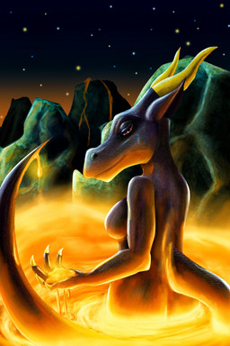 anthro bath breasts female mountain night non-mammal_breasts nude solo tail mythology dragon mythological_creature mythological_scalie scalie hi_res