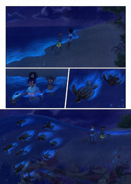 anthro beach black_body black_fur clothed clothing cloud dark_body ear_fins female fin fur group male night partially_submerged sand sea sky split_form tail water bjekkergauken mythology imbali_(bjekkergauken) aquatic merfolk reptile scalie turtle unknown_species 2026 colored comic hi_res