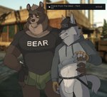 anthro blurred_background clothed clothing clothing_lift duo faceless_character faceless_male gameplay_mechanics hand_on_hip hat headgear headwear jockstrap male male/male scar shirt shirt_lift text topwear underwear mafty_(artist) escape_from_tarkov bear canid canine canis mammal wolf english_text hi_res