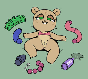 anal_beads anthro anus bite biting_lip biting_own_lip bottomless buttplug clothed clothing dildo female freckles genitals green_eyes grin half-closed_eyes lying narrowed_eyes on_back plug_(sex_toy) self_bite sex_toy sex_toy_background smile solo vulva young yopy mammal unknown_species 2020 absurd_res character_request full-length_portrait hi_res portrait