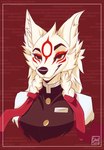 anthro anthrofied clothed clothing facial_markings female fur head_markings markings pigtails red_markings simple_background smile solo uniform white_body white_fur potatokamaos capcom clover_studio demon_slayer kimetsu_no_yaiba okami_(capcom) amaterasu_(okami) canid canine canis deity mammal wolf 2022 absurd_res hi_res signature