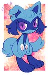2018 3_fingers 3_toes anthro blue_body blue_fur extyrannomon_(artist) feet female fingers fur generation_4_pokemon hi_res looking_at_viewer nintendo pokemon pokemon_(species) purple_eyes riolu simple_background smile solo toes young young_female