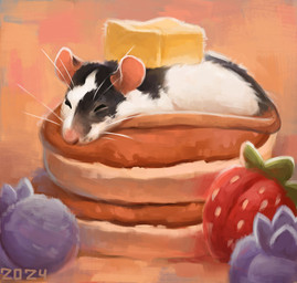 black_body black_fur blueberry_(fruit) butter dairy_products feral food fruit fur long_tail pancake pink_ears pink_nose pink_tail plant solo strawberry tail whiskers white_body white_fur alexpahomov mammal murid murine rat rodent 2024 hi_res