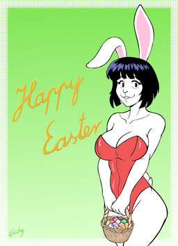 anthro basket big_ears black_hair breasts container ears_up easter_basket easter_egg eyebrows eyelashes female fur hair holidays looking_at_viewer scut_tail short_tail smile smiling_at_viewer solo tail teeth teeth_showing text white_body white_fur chisheq easter easter_bunny lagomorph leporid mammal rabbit hi_res