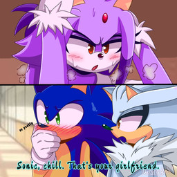 anthro blush blushing_profusely bodily_fluids breath chest_fur dialogue female green_eyes group hair_down hand_on_mouth hero male male/female panting princess royalty scene_reference sweat text trio yellow_eyes midnight! sega sonic_the_hedgehog_(series) blaze_the_cat silver_the_hedgehog sonic_the_hedgehog domestic_cat eulipotyphlan felid feline felis hedgehog mammal 1:1 hi_res