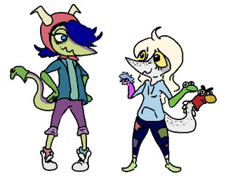 anthro blonde_hair blue_eyes blue_hair breasts clothed clothing crossgender duo female freckles ftm_crossgender green_body hair headgear headwear hoodie horn long_hair male multicolored_body puppet simple_background small_breasts topwear two_tone_body white_background white_body yellow_sclera faustanon cavemanon_studios snoot_game judee schizo_chan_(snoot_game) compsognathid compsognathus dinosaur prehistoric_species reptile scalie theropod